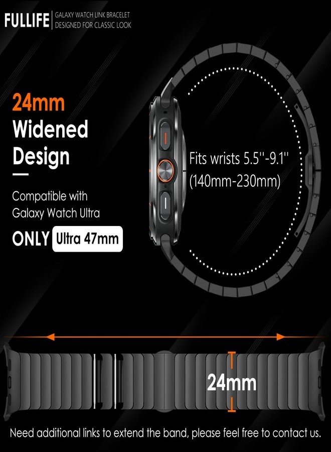 سوار معدني من FULLIFE بعرض 24 مم متوافق مع ساعة سامسونج جالاكسي ووتش ألترا مقاس 47 مم، ملحقات للرجال والنساء، سوار من الفولاذ المقاوم للصدأ بوصلات قابلة للطي بدون فجوة لساعة جالاكسي ووتش 7 ألترا (47 مم، أسود). - Image 2